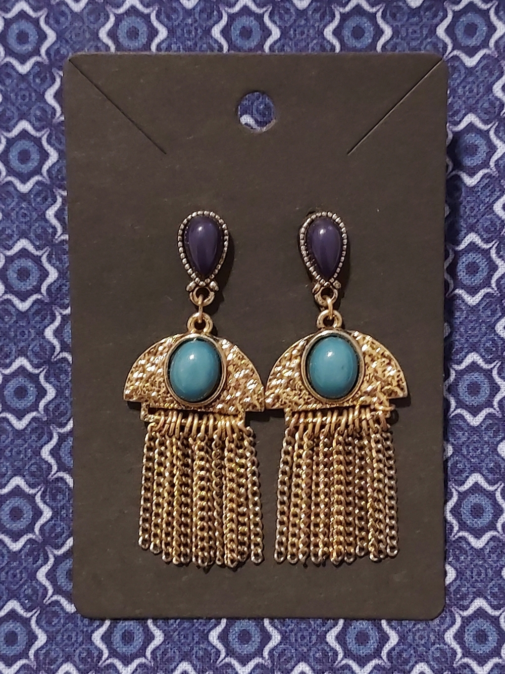 Gold Tassel Drop Earrings with Turquoise and Purple Stones